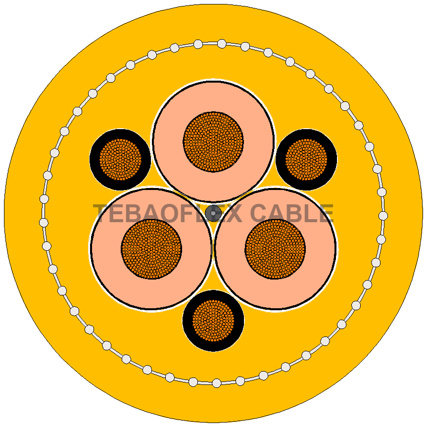 Cross-section diagram of yellow (N)TSCGEWÖU-ZH cable with three phase cores and three earth conductors