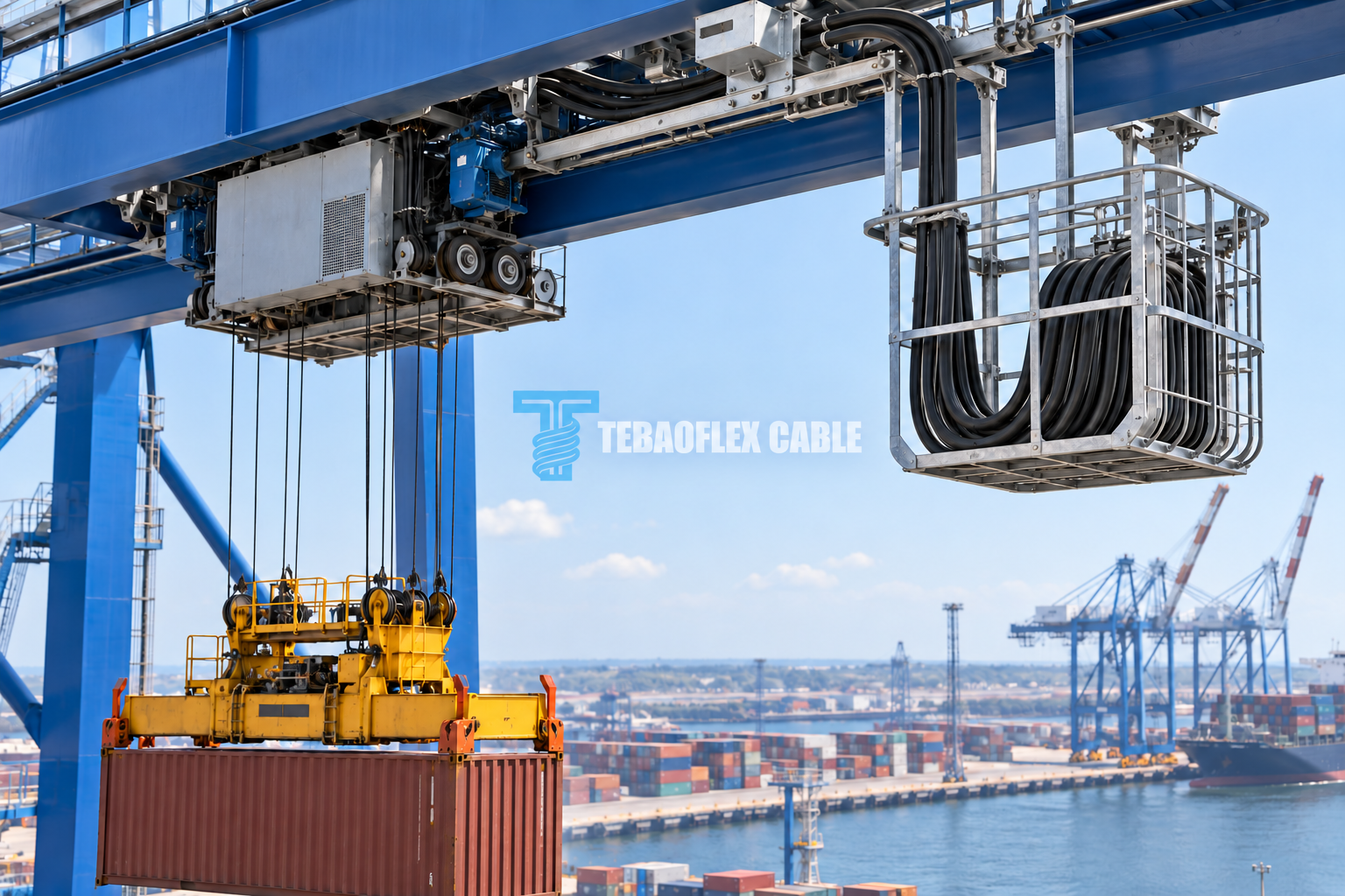 Conceptual port crane showing black basket control cable hanging between reel area and container spreader