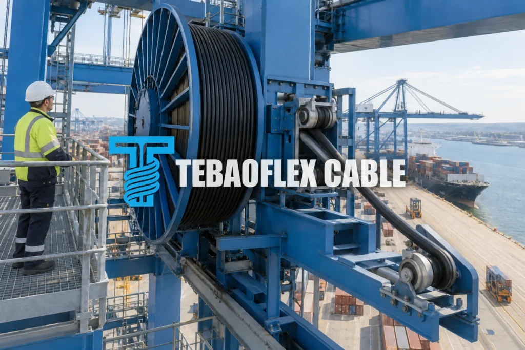 Port crane cable reel and guide rollers showing moving-route and termination context for fault-duty review
