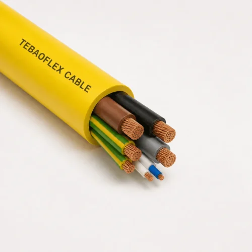 TEBAOFLEX Heavy-Duty PUR Reeling Cable 0.6/1 kV TEBAOFLEX 0.6/1kV heavy-duty yellow PUR drum reeling cable cutaway showing three power cores, two split green/yellow earth cores, two pilot control cores, and TEBAOFLEX CABLE polyurethane outer sheath
