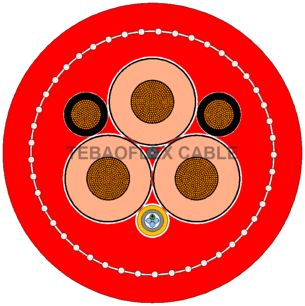 R-(N)TSCGEWÖU FO Fibre-Optic Reeling Cable Cross-Section | TEBAOFLEX CABLE Watermarked cross-section diagram of red R-(N)TSCGEWÖU FO cable with integrated fibre optic unit