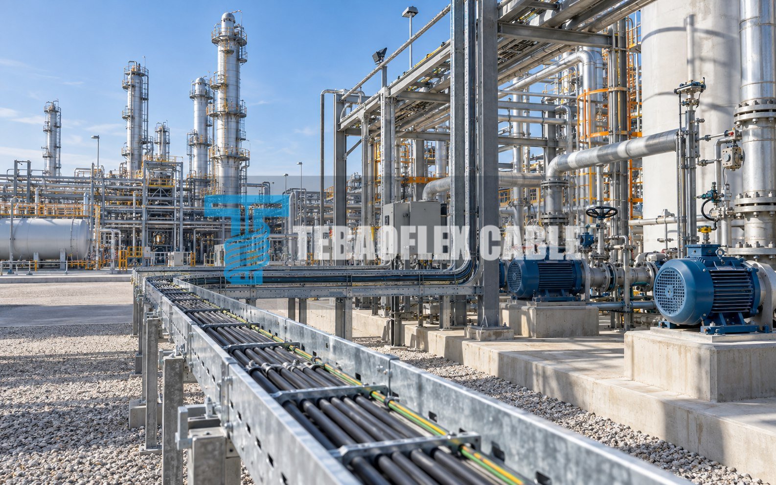 Illustration of a refinery cable tray and process-control cable route