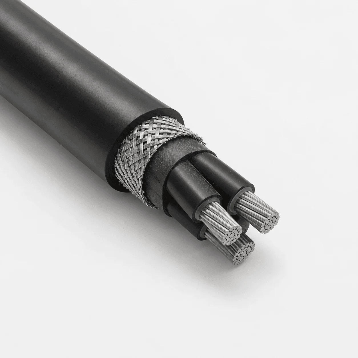 Stepped cutaway of an RFOU 0.6/1kV offshore power cable showing Class 2 tinned copper conductors, EPR insulation, extruded inner covering, tinned copper wire braid armour, and black SHF2 MUD sheath