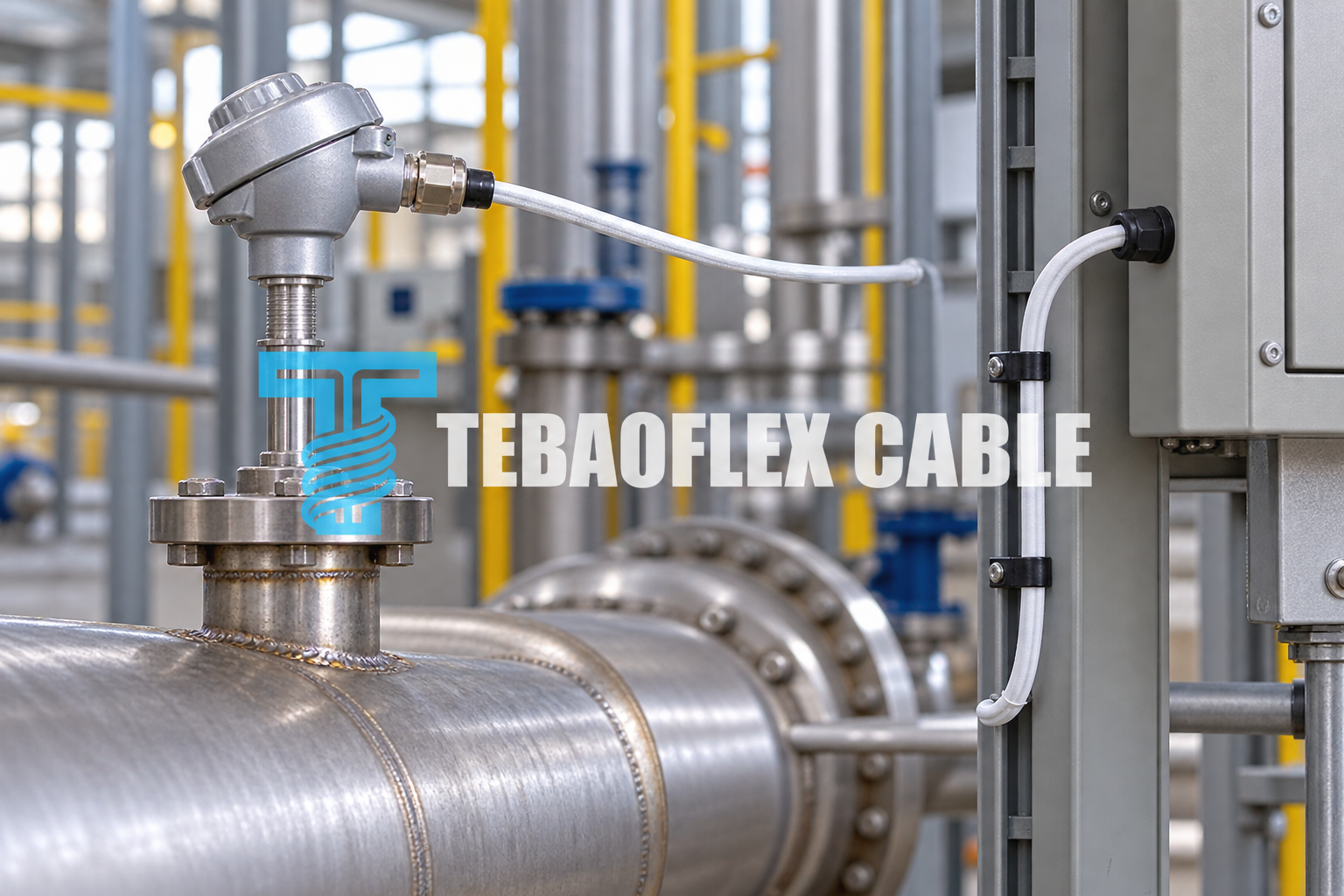 White fluoropolymer-jacketed 200C shielded RTD sensor cable routed from an industrial pipe temperature transmitter head to a control enclosure