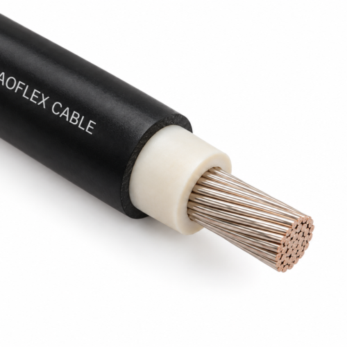 Black single-core rubber interconnecting cable cutaway with fine-stranded tinned copper conductor