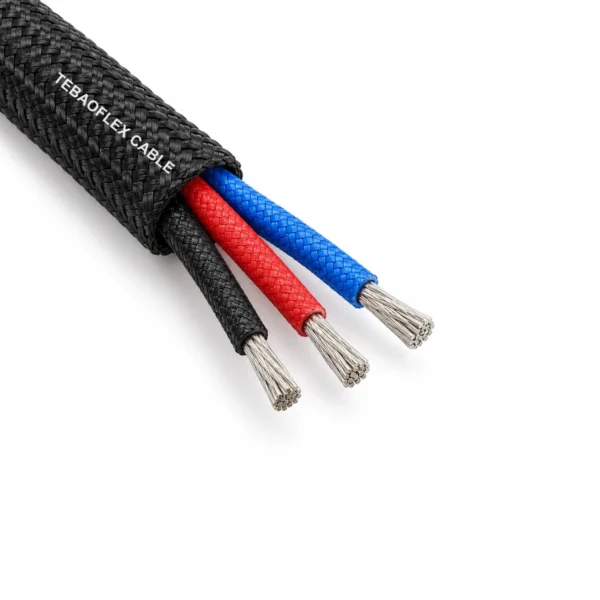 Illustrative three-core SRG-K cable with individual silicone and fiberglass braided leads beneath a black aramid outer braid