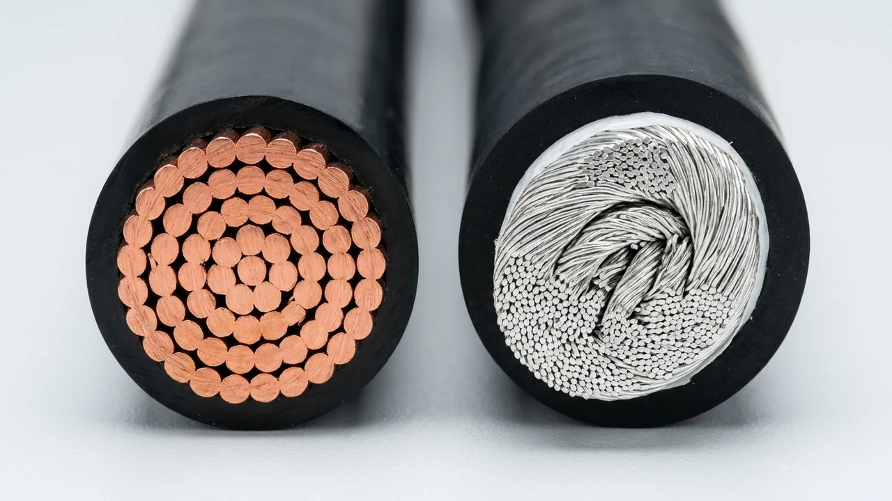 Side-by-side macro cross-section comparing a rigid 37-strand Class B bare copper 500 kcmil XLPE cable against a rope-lay 1325-strand tinned-copper 535.3 kcmil DLO rubber cable