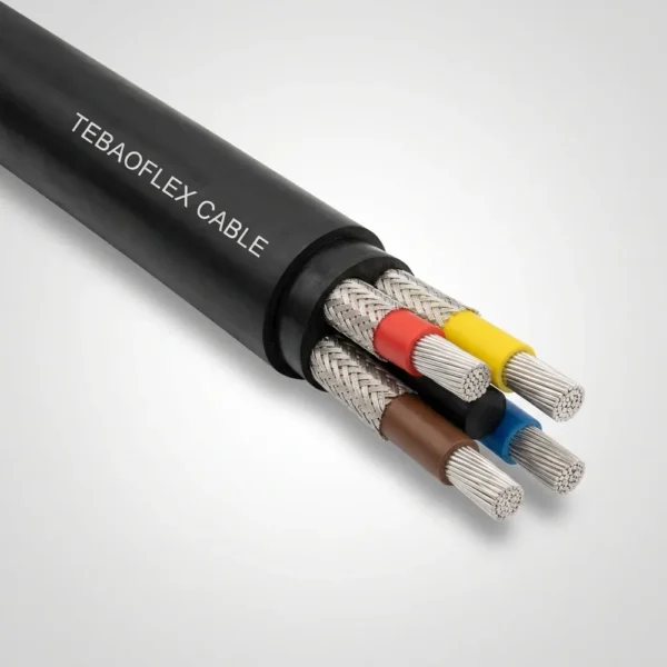 TEBAOFLEX BS 6708 Type 11 640/1100V Individually Screened Mining Cable TEBAOFLEX BS 6708 Type 11 640/1100V screened mining trailing cable showing black chloroprene sheath and four composite-screened EPR cores around a central elastomeric rubber cradle