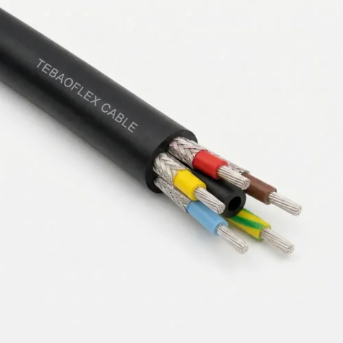 TEBAOFLEX BS 6708 Type 14 640/1100V 5-Core Screened Mining Trailing Cable TEBAOFLEX BS 6708 Type 14 640/1100V 5-core mining trailing cable showing black chloroprene sheath, three composite-screened phase cores, unscreened blue pilot core, and unscreened green/yellow earth core around an elastomeric cradle