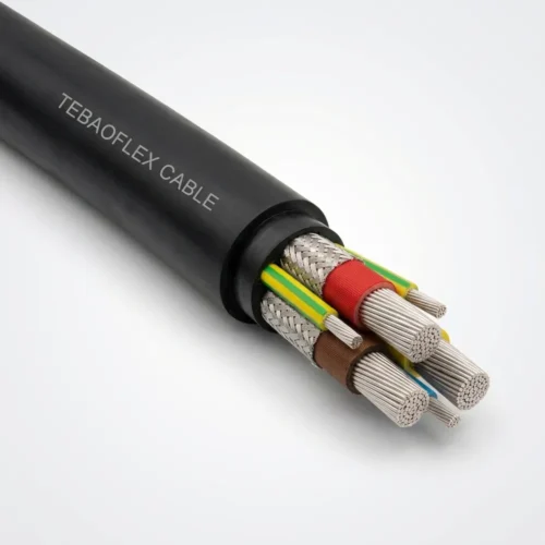TEBAOFLEX BS 6708 Type 16 640/1100V Composite Screened Mining Trailing Cable TEBAOFLEX BS 6708 Type 16 640/1100V composite screened mining trailing cable showing black chloroprene sheath, three trefoil screened phase cores, two green/yellow interstitial earth cores, and one blue pilot core
