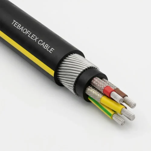 TEBAOFLEX BS 6708 Type 201 & Type 211 640/1100V Pliable Wire Armoured Roadway Trailing Cable TEBAOFLEX BS 6708 Type 201 and Type 211 640/1100V pliable wire armoured roadway extension and quarry trailing cable featuring black PCP jacket with longitudinal yellow stripe, galvanized steel armour, PCP inner bedding, three copper/nylon screened MEPR power cores, and unscreened green/yellow earth core