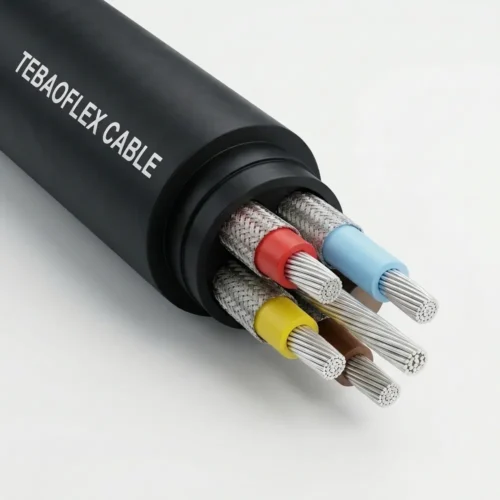 TEBAOFLEX BS 6708 Type 307, Type 307M & Type 307S 1.9/3.3kV Medium Voltage Coalcutter Trailing Cable TEBAOFLEX BS 6708 Type 307, Type 307M, and Type 307S 1900/3300V medium-voltage flexible coalcutter trailing cable with matte black chloroprene sheath, three composite tinned-copper/nylon screened EPR phase cores, pilot core, and central bare tinned copper earth conductor