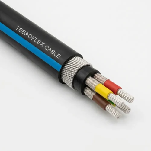 TEBAOFLEX BS 6708 Type 321 & Type 331 1.9/3.3kV Pliable Wire Armoured Trailing Cable TEBAOFLEX BS 6708 Type 321 and Type 331 1900/3300V medium-voltage pliable wire armoured roadway and quarry trailing cable featuring black PCP jacket with longitudinal blue stripe, galvanized steel armour, PCP inner bedding, three composite-screened MEPR power cores, and green/yellow earth core