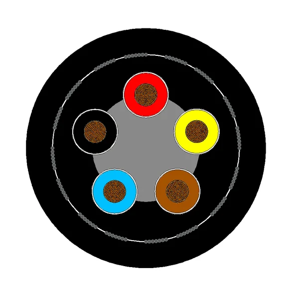 Cross-section diagram of TEBAOFLEX BS 6708 Type 43 125/72V handheld drilling machine cable showing five EPR-insulated cores separated by a semiconducting elastomeric cradle and conducting inner sheath
