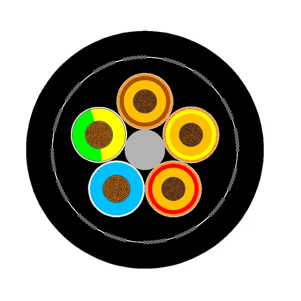 Cross-section diagram of TEBAOFLEX BS 6708 Type 44 125/72V handheld drilling machine cable showing three composite-screened phase cores, unscreened pilot core, and unscreened earth core around an elastomeric cradle