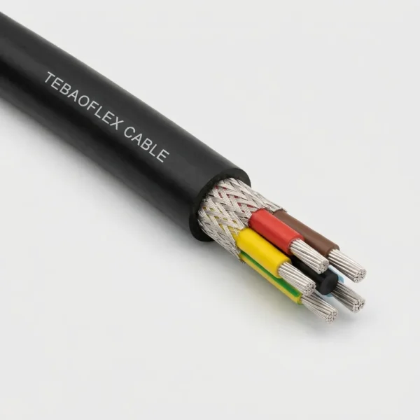 TEBAOFLEX BS 6708 Type 44 125/72V flexible handheld drilling machine cable (5x6 mm2) with black chloroprene sheath, three composite tinned-copper/nylon braided EPR phase cores, unscreened pilot core, and unscreened green/yellow earth core around a rubber cradle