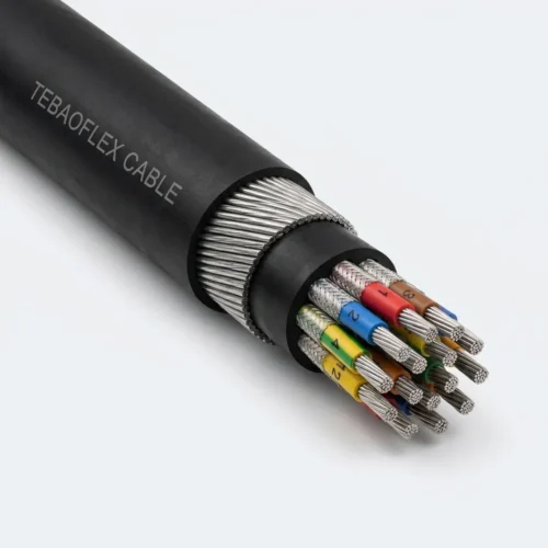 TEBAOFLEX BS 6708 Type 506, 512, 518 & 524 Pliable Wire Armoured Mining Control Cable TEBAOFLEX BS 6708 Type 506 512 518 524 320/550V multi-core pliable wire armoured mining control cable with black chloroprene outer sheath, galvanized steel strand armour, rubber inner bedding, and individually copper/nylon braided screened control cores