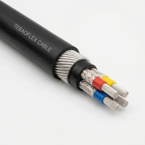 TEBAOFLEX BS 6708 Type 62, Type 63 & Type 64 640/1100V Screened Armoured Mining Cable TEBAOFLEX BS 6708 Type 62, Type 63, and Type 64 640/1100V pliable wire armoured mining cable with matte black chloroprene outer sheath, galvanized steel strand armour, rubber inner bedding, and four individually copper/nylon braided screened 4 mm2 EPR cores