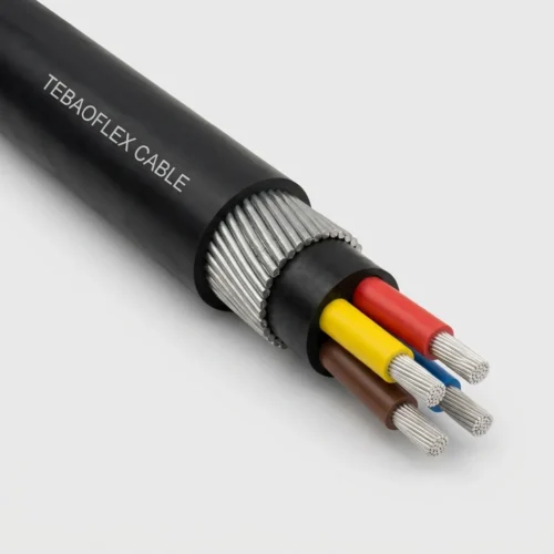 TEBAOFLEX BS 6708 Type 621 3.8/6.6kV Pliable Wire Armoured Mining Power Cable TEBAOFLEX BS 6708 Type 621 3800/6600V medium-voltage pliable wire armoured mining power cable with thick matte black chloroprene outer sheath, heavy galvanized steel strand armour, rubber inner bedding, and four heavy-wall 5.0 mm unscreened EPR cores with Class 5 tinned copper conductors