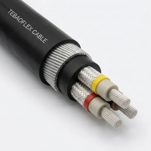 TEBAOFLEX BS 6708 Type 630 & Type 631 3.8/6.6kV Screened Armoured Mining Power Cable TEBAOFLEX BS 6708 Type 630 and Type 631 3.8/6.6kV medium-voltage pliable wire armoured mining power cable with thick matte black chloroprene outer sheath, galvanized steel strand armour, rubber inner bedding, and 5.0 mm EPR phase cores with composite tinned-copper/nylon braided screens