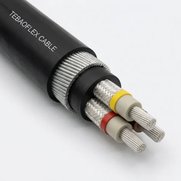 TEBAOFLEX BS 6708 Type 630 & Type 631 3.8/6.6kV Screened Armoured Mining Power Cable TEBAOFLEX BS 6708 Type 630 and Type 631 3.8/6.6kV medium-voltage pliable wire armoured mining power cable with thick matte black chloroprene outer sheath, galvanized steel strand armour, rubber inner bedding, and 5.0 mm EPR phase cores with composite tinned-copper/nylon braided screens