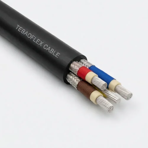 TEBAOFLEX BS 6708 Type 7 640/1100V Flexible Coalcutter Trailing Cable TEBAOFLEX BS 6708 Type 7 640/1100V flexible coalcutter trailing cable with matte black chloroprene sheath, three composite tinned-copper/nylon screened EPR phase cores, unscreened pilot core, and central bare tinned copper earth conductor