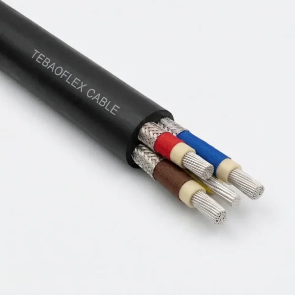 TEBAOFLEX BS 6708 Type 7 640/1100V flexible coalcutter trailing cable with matte black chloroprene sheath, three composite tinned-copper/nylon screened EPR phase cores, unscreened pilot core, and central bare tinned copper earth conductor