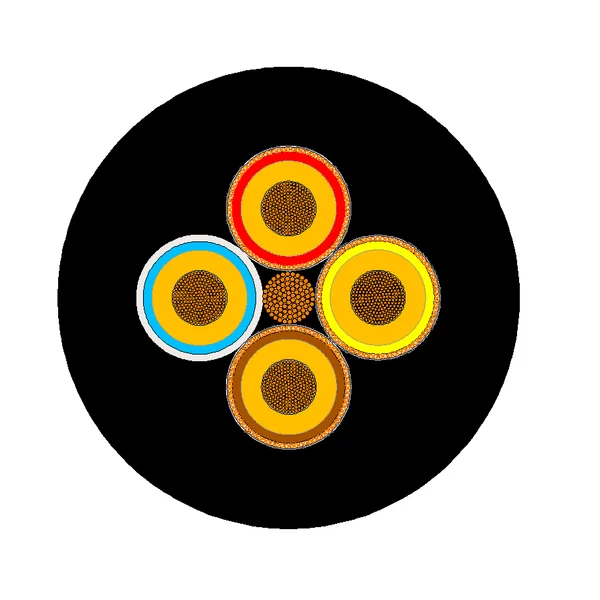 Cross-section diagram of TEBAOFLEX BS 6708 Type 7 640/1100V trailing cable showing three composite-screened EPR phase cores, one unscreened pilot core, central bare tinned copper earth conductor, and heavy-duty chloroprene sheath
