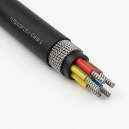 TEBAOFLEX BS 6708 Type 70 & Type 71 320/550V Pliable Wire Armoured Mining Cable TEBAOFLEX BS 6708 Type 70 and Type 71 320/550V pliable wire armoured mining power and coalface lighting cable with black chloroprene outer sheath, helical galvanized steel wire strand armour, rubber inner bedding, and unscreened EPR cores
