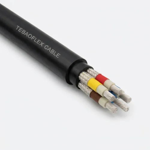 TEBAOFLEX BS 6708 Type 7M 640/1100V Screened Coalcutter Trailing Cable TEBAOFLEX BS 6708 Type 7M 640/1100V coalcutter trailing cable showing black chloroprene outer sheath, three screened phase cores, one individually screened pilot core, and central bare tinned copper earth conductor