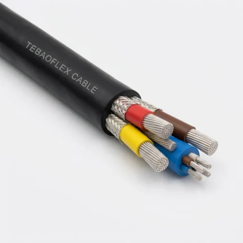 TEBAOFLEX BS 6708 Type 7S 640/1100V 3-Core Pilot Unit Mining Cable TEBAOFLEX BS 6708 Type 7S 640/1100V coalcutter trailing cable showing black chloroprene sheath, three composite-screened phase cores, one circular 3-core pilot unit, and central bare tinned copper earth conductor