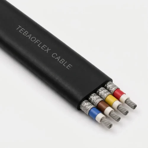 TEBAOFLEX BS 6708 Type FS4 640/1100V flat catenary mining power cable with heavy-duty black chloroprene sheath, four parallel EPR cores, coloured textile identification tapes, and tinned copper braided screens