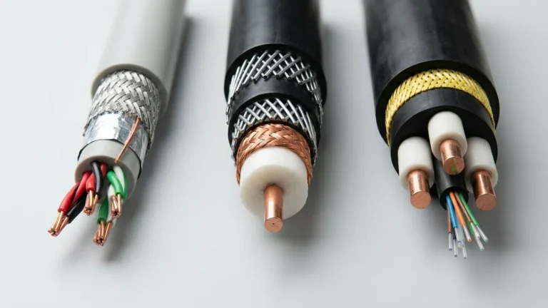 Studio macro cutaway comparing a screened twisted-pair instrumentation cable, a double-armoured subsea coaxial tow cable, and a composite medium-voltage crane reeling cable with integrated optical fibres