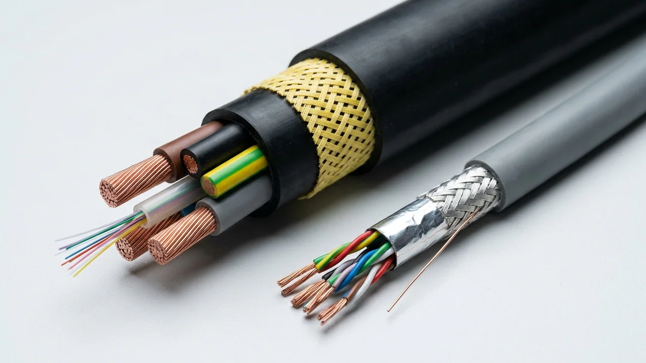 Studio macro cutaway comparing a heavy-duty composite rubber power and optical-fibre reeling cable with aramid braid beside a tinned-copper braided twisted-pair instrumentation cable