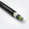 TEBAOFLEX heavy-duty black PCP rubber crane and spreader fiber-optic cable cutaway showing woven reinforcing braid, 6 colored optical buffer tubes around a central GRP rod, and silica glass fibers