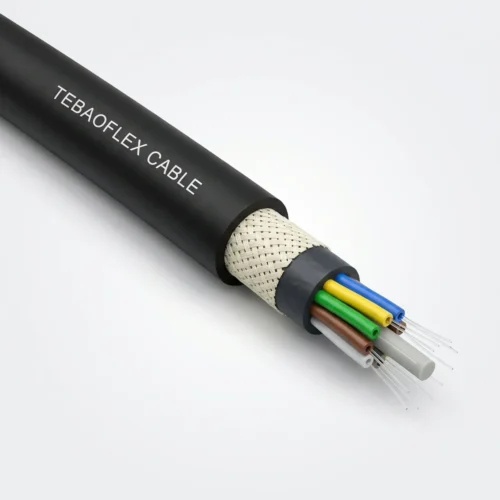SPREADER-FO-6-24F Port & Crane Cable Studio Image TEBAOFLEX heavy-duty black PCP rubber crane and spreader fiber-optic cable cutaway showing woven reinforcing braid, 6 colored optical buffer tubes around a central GRP rod, and silica glass fibers