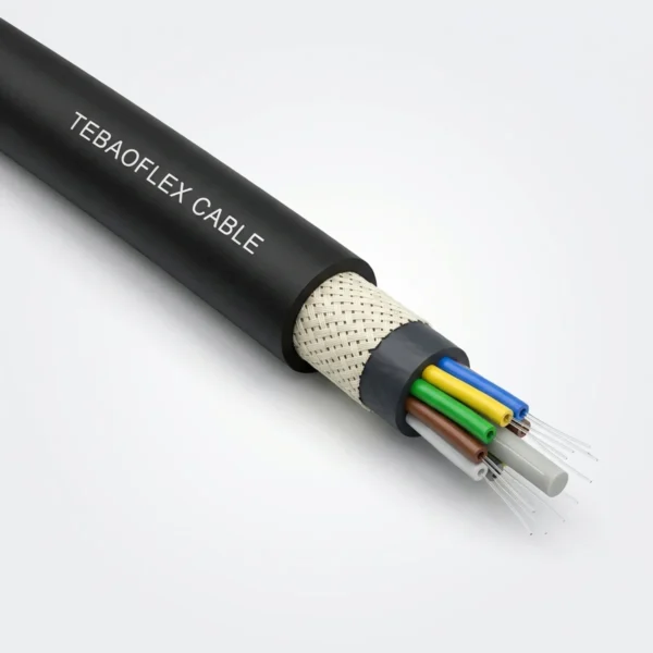 TEBAOFLEX heavy-duty black PCP rubber crane and spreader fiber-optic cable cutaway showing woven reinforcing braid, 6 colored optical buffer tubes around a central GRP rod, and silica glass fibers