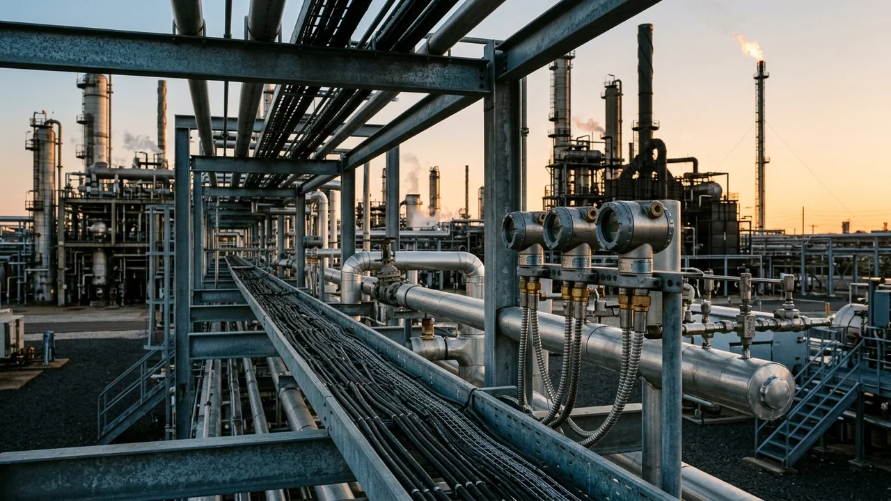 Downstream petrochemical refinery pipe rack carrying armoured instrumentation cables and heat-traced process lines in the foreground with a tall steel flare stack burning in the background