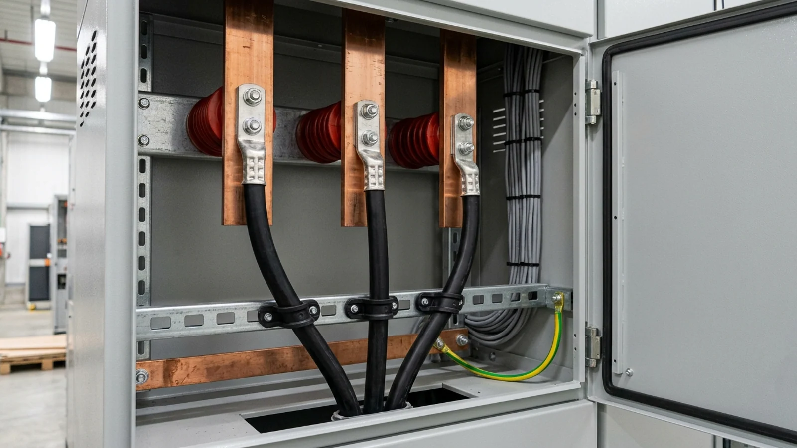 Inside an industrial electrical switchgear cabinet showing fine-stranded black flexible rubber single-core power cables terminated with tinned compression lugs onto three separate vertical copper busbars with non-metallic cleats and green-yellow earth bonding