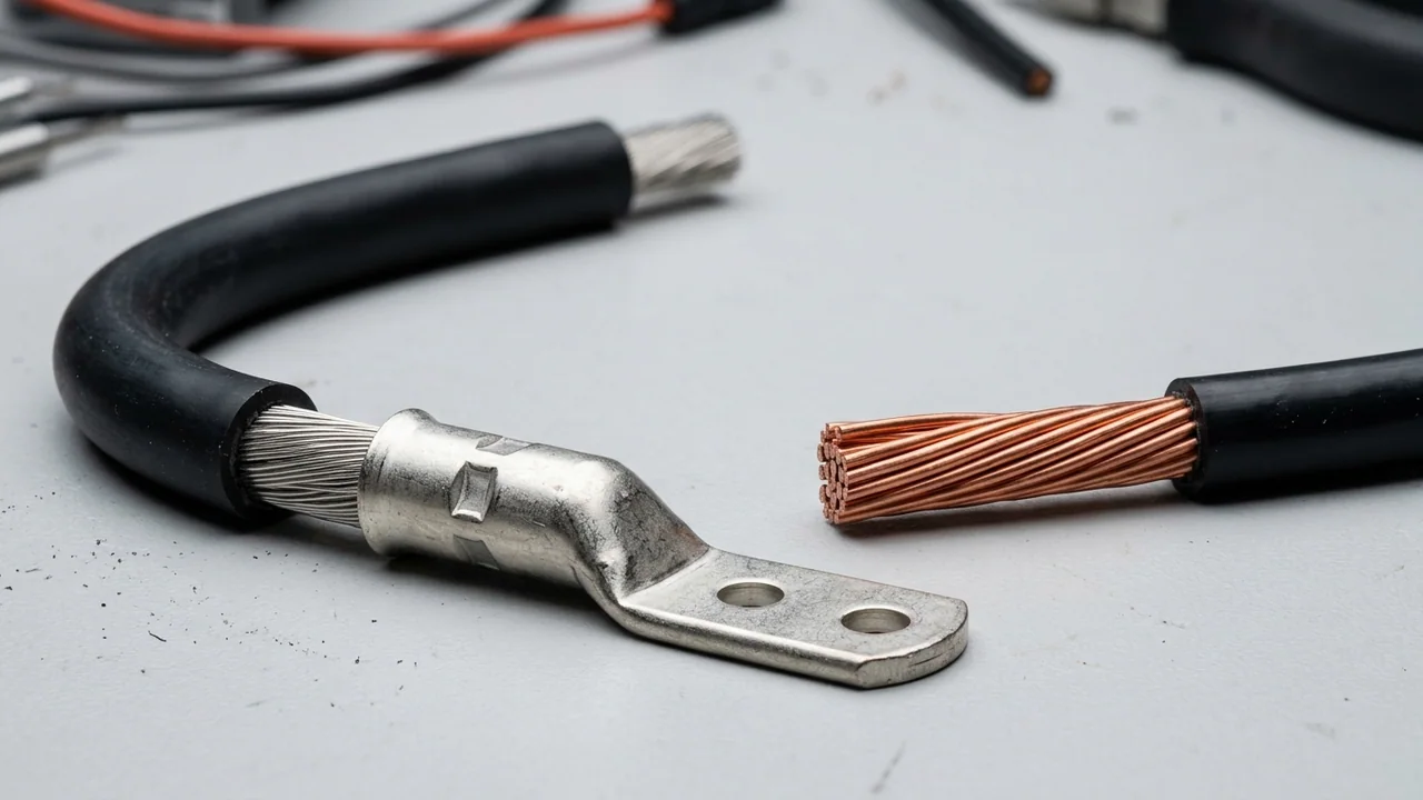 Workbench macro comparing a tight-bending fine-stranded tinned-copper 2kV DLO jumper crimped into a flared-barrel two-hole compression lug against a stiff coarse 19-wire Class 2 building power cable
