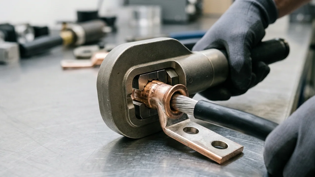 Technician positioning a hydraulic hex-die crimping tool onto a flared-barrel two-hole tinned-copper compression lug fitted cleanly over a 500 kcmil fine-stranded tinned-copper black rubber DLO cable