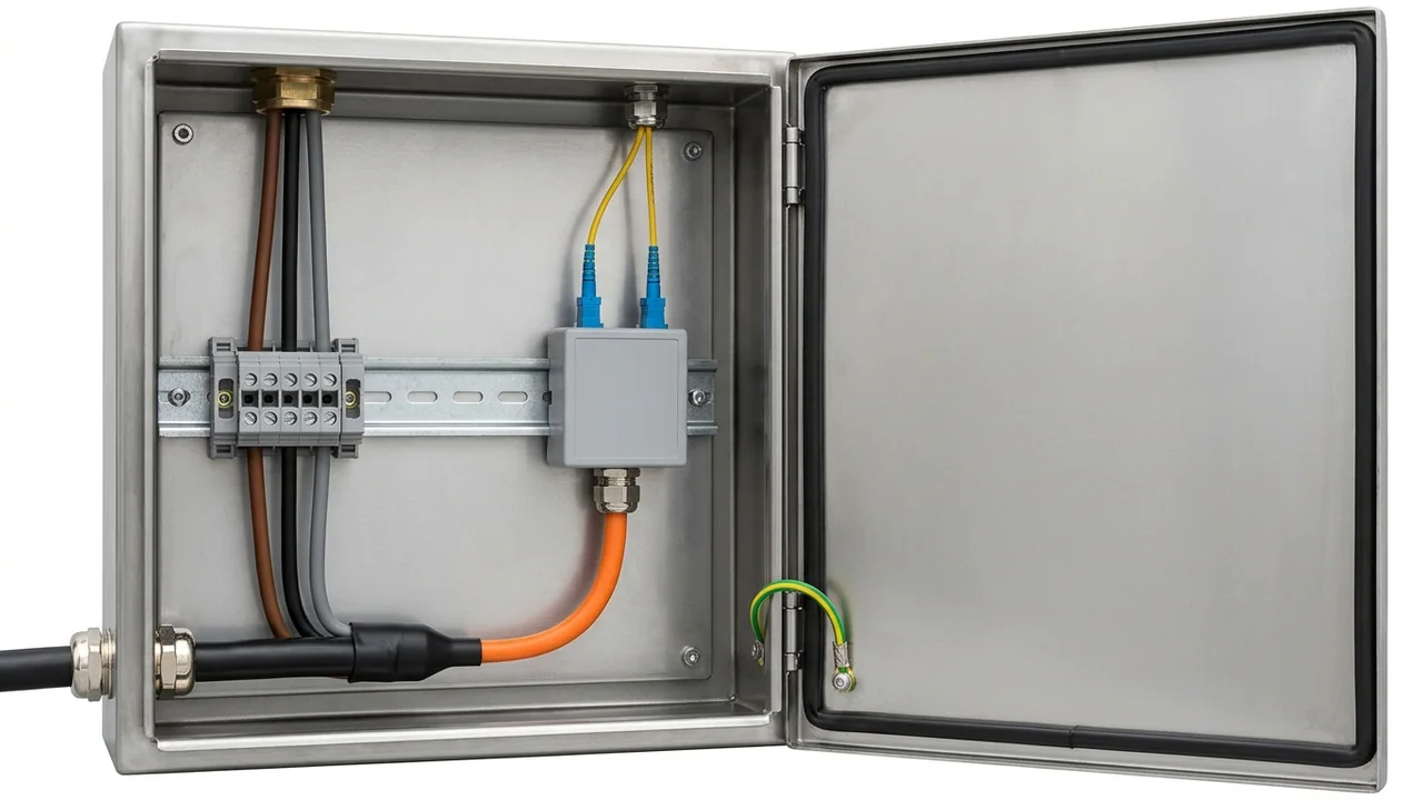 Interior of a stainless-steel crane terminal junction box showing a heavy black composite rubber reeling cable with segregated power phase terminals on the left and buffered optical-fibre breakout pigtails entering a DIN-rail patch box on the right