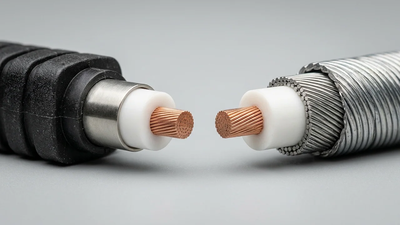 Side-by-side studio macro cutaway comparing a square-encapsulated 1/4-inch Inconel 825 downhole TEC cable beside a round contra-helically steel-armored 7.31 mm mono-conductor wireline cable