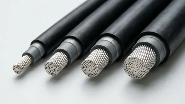 Four heavy-duty black rubber single-core flexible power cables from 4/0 AWG up to 777.7 kcmil showing stepped-stripped fine-stranded tinned-copper conductors