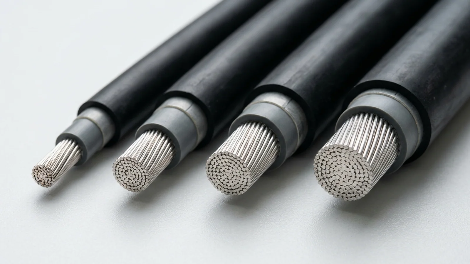 Four heavy-duty black rubber single-core flexible power cables from 4/0 AWG up to 777.7 kcmil showing stepped-stripped fine-stranded tinned-copper conductors