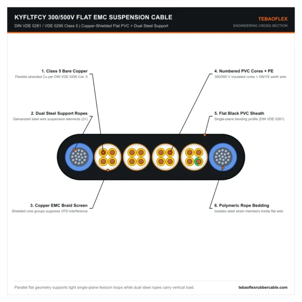 KYFLTFCY 300/500V screened flat PVC crane festoon cable with dual steel support elements cross-section