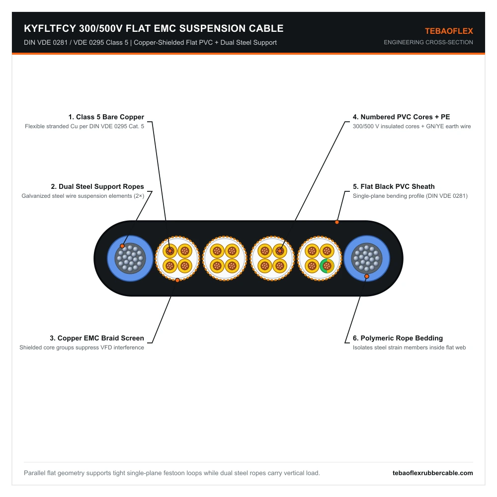 KYFLTFCY 300/500V screened flat PVC crane festoon cable with dual steel support elements cross-section