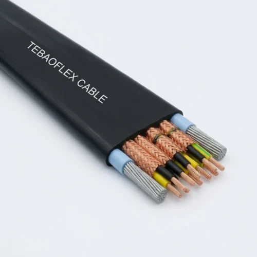 KYFLTFCY-FLAT-EMC Port & Crane Cable Studio Image TEBAOFLEX KYFLTFCY 300/500V black flat EMC PVC crane festoon cable cutaway showing dual outer galvanized steel suspension wire ropes and 4 copper-braid screened core groups