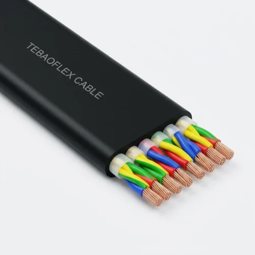 KYFLY-FLAT-PVC Port & Crane Cable Studio Image TEBAOFLEX KYFLY 300/500V black flat PVC crane festoon cable cutaway showing 6 parallel 4-core color-coded sub-bundles with Class 5 bare copper conductors