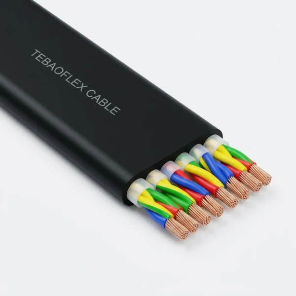 TEBAOFLEX KYFLY 300/500V black flat PVC crane festoon cable cutaway showing 6 parallel 4-core color-coded sub-bundles with Class 5 bare copper conductors